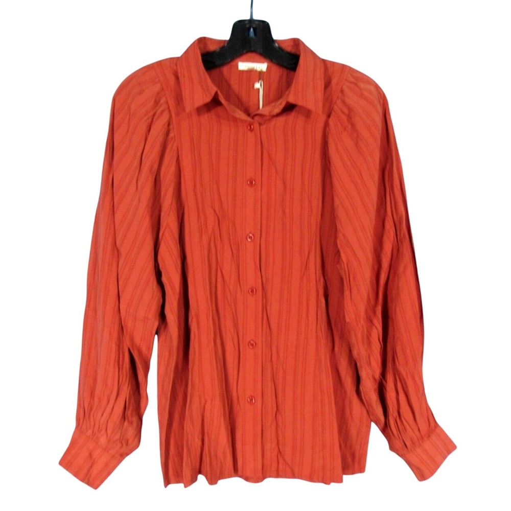 NWT JODIFL Women's Lightweight STRIPED Rust BUTTON-UP Fitted SHIRT/TOP Sz S